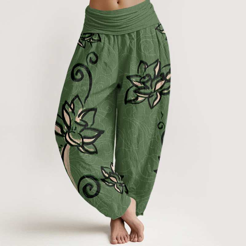 Buddha Stones Casual Lotus Auspicious Clouds Design Women's Elastic Waist Harem Pants - MediumSeaGreen - US22，UK/AU26，EU54 (6XL) - image 0
