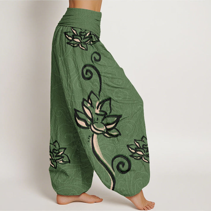 Buddha Stones Casual Lotus Auspicious Clouds Design Women's Elastic Waist Harem Pants