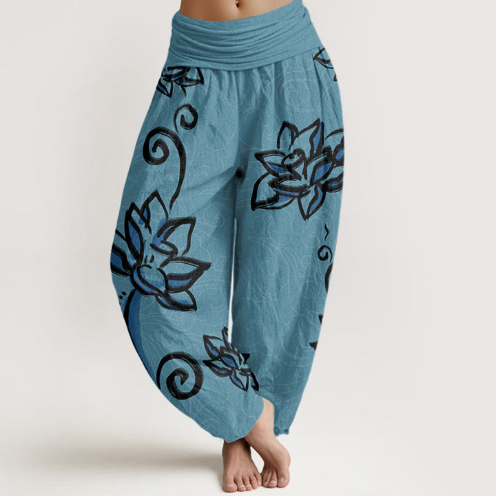 Buddha Stones Casual Lotus Auspicious Clouds Design Women's Elastic Waist Harem Pants