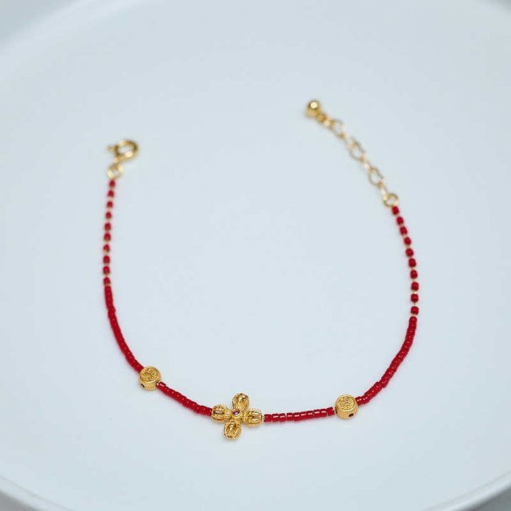 Buddha Stones 24k Gold Plated 925 Sterling Silver Liuli Glass Bead PiXiu Four Leaf Clover Joy And Happiness Wealth Bracelet - image 1