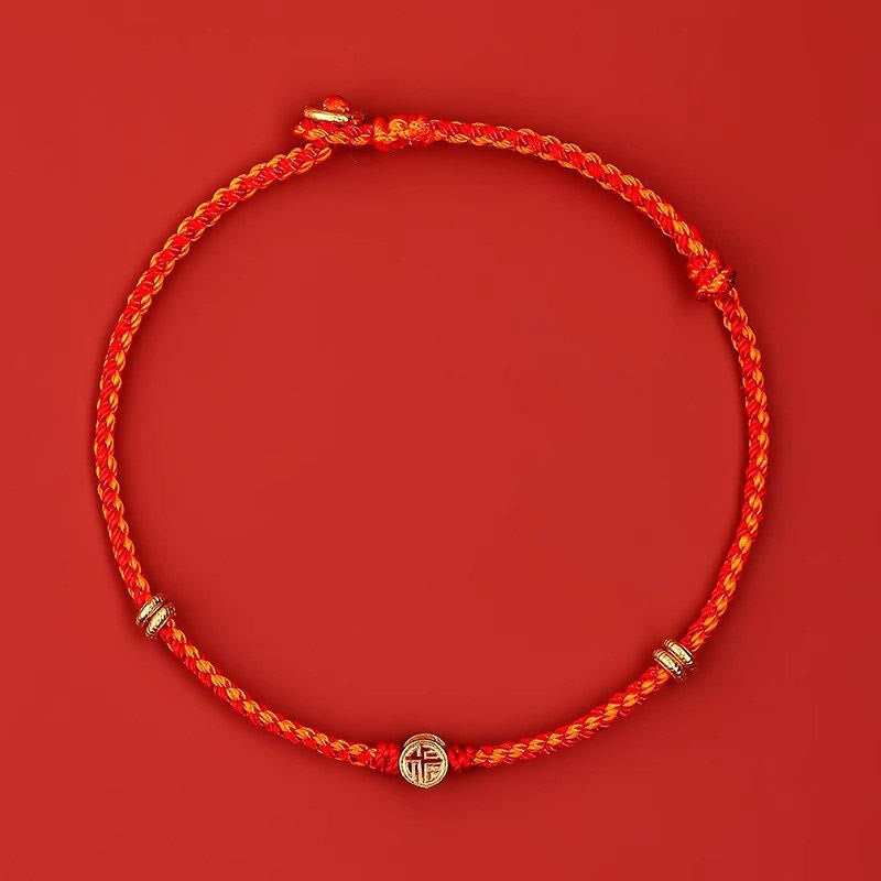 Buddha Stones Handmade Braided Red String 925 Sterling Silver Fu Character Luck Bracelet