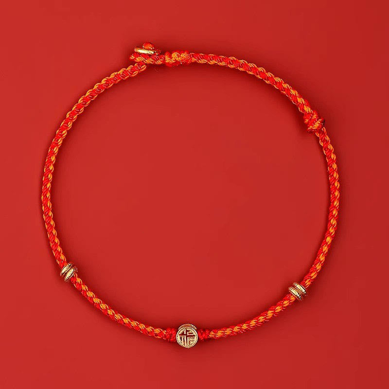 Buddha Stones Handmade Braided Red String 925 Sterling Silver Fu Character Luck Bracelet - Gold String 925 Sterling Silver(Wrist Circumference: 14-19cm) - image 15