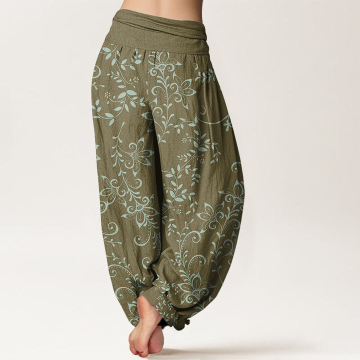 Buddha Stones Casual Flowers Vine Design Women's Elastic Waist Harem Pants