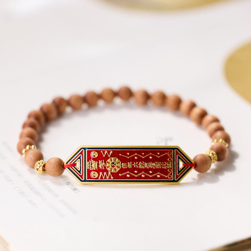 Buddha Stones Sandalwood Wood Bead Gold Plated Copper Bagua Yin Yang Chinese Character Harmony Bracelet