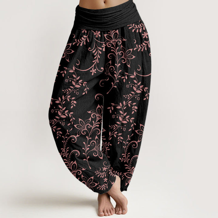 Buddha Stones Casual Flowers Vine Design Women's Elastic Waist Harem Pants