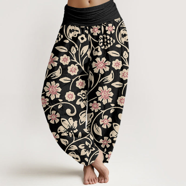 Buddha Stones Casual Beige Pink Flowers Grapes Design Women's Elastic Waist Harem Pants