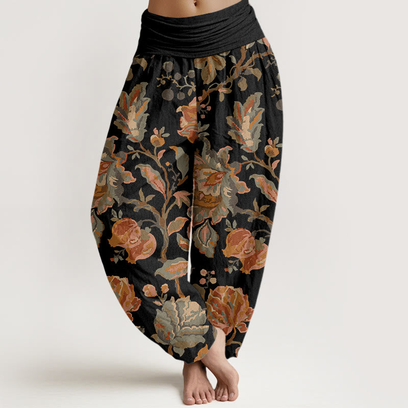Buddha Stones Cotton Casual Blooming Flowers Buds Design Women's Elastic Waist Harem Pants - Black - US22，UK/AU26，EU54 (6XL) - image 0
