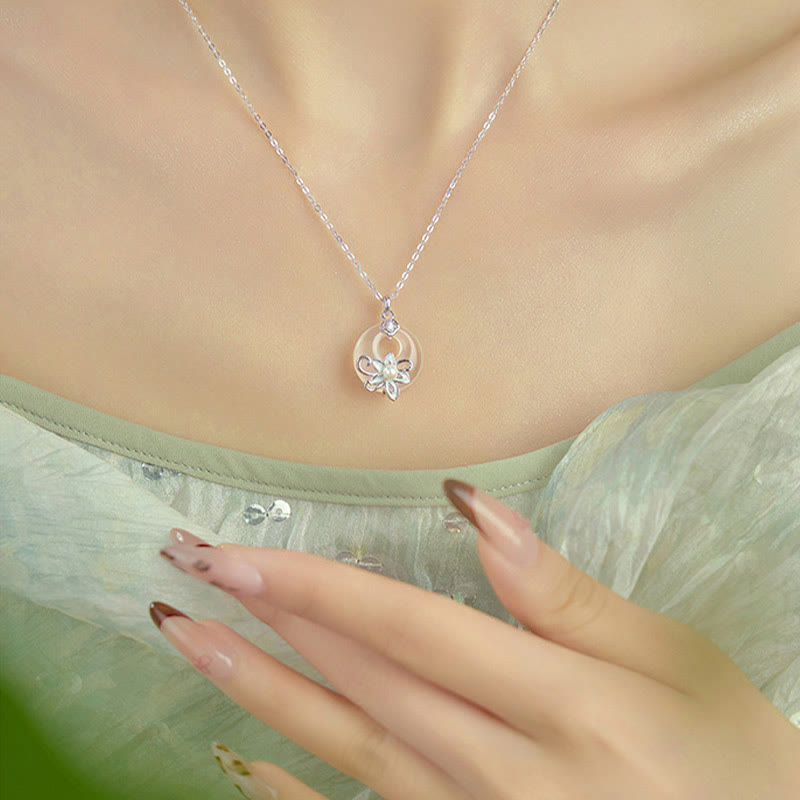 Buddha Stones Chalcedony Peace Buckle 999 Sterling Silver Lotus Positive Necklace Pendant - image 9