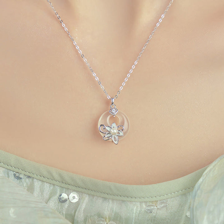 Buddha Stones Chalcedony Peace Buckle 999 Sterling Silver Lotus Positive Necklace Pendant - image 4