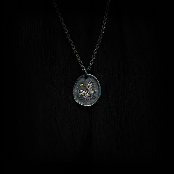 Buddha Stones 999 Sterling Silver 24k Gold Crane Auspicious Clouds Balance Necklace Pendant - image 1