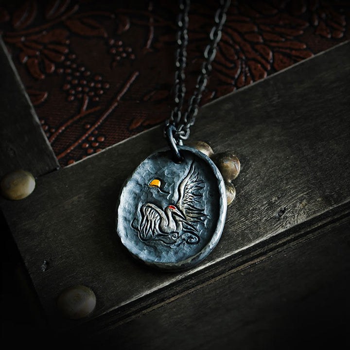 Buddha Stones 999 Sterling Silver 24k Gold Crane Auspicious Clouds Balance Necklace Pendant - 999 Sterling Silver & Titanium Steel Chain - image 0
