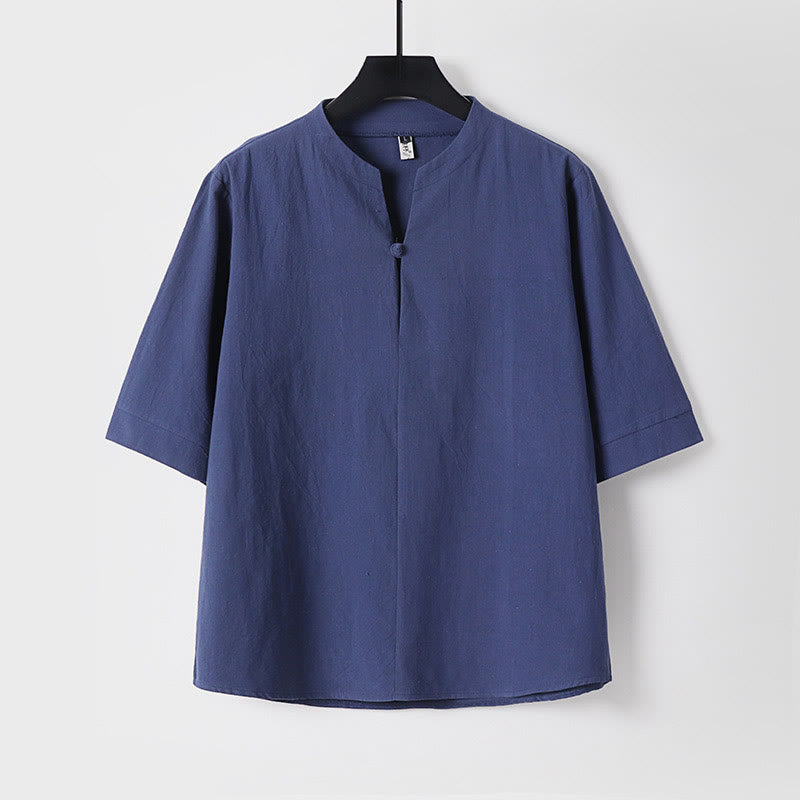 Buddha Stones Plain Color Three Quarter Sleeve One Button Cotton Linen Men's Shirt - DarkBlue - US/UK/AU54，EU64 (9XL) - image 4