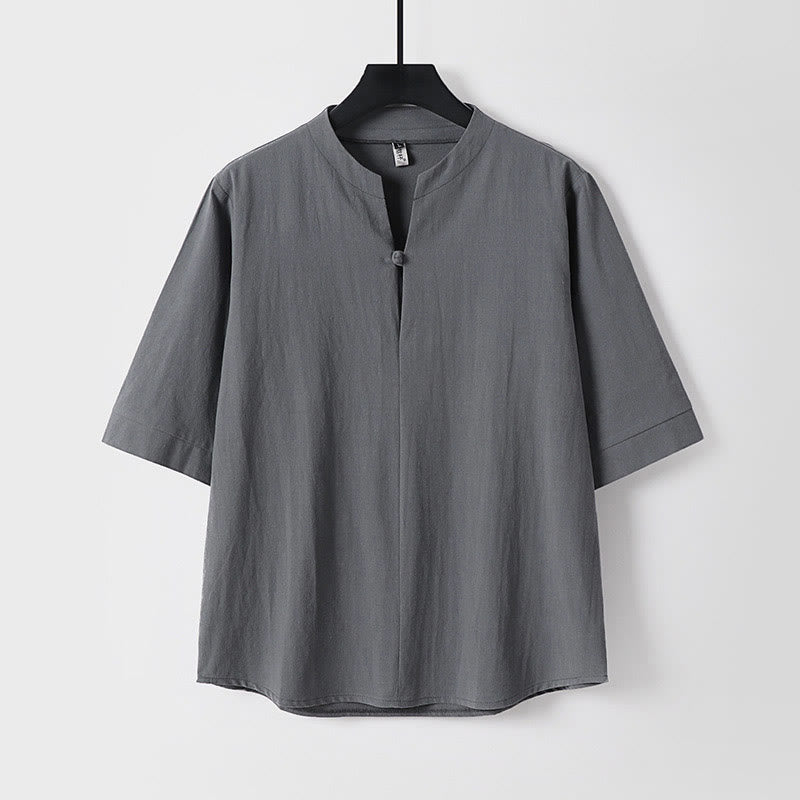 Buddha Stones Plain Color Three Quarter Sleeve One Button Cotton Linen Men's Shirt - Gray - US/UK/AU54，EU64 (9XL) - image 2