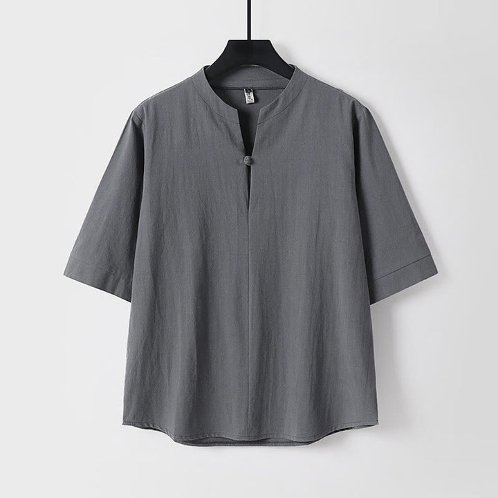 Buddha Stones Plain Color Three Quarter Sleeve One Button Cotton Linen Men's Shirt - Gray - US/UK/AU54，EU64 (9XL) - image 2