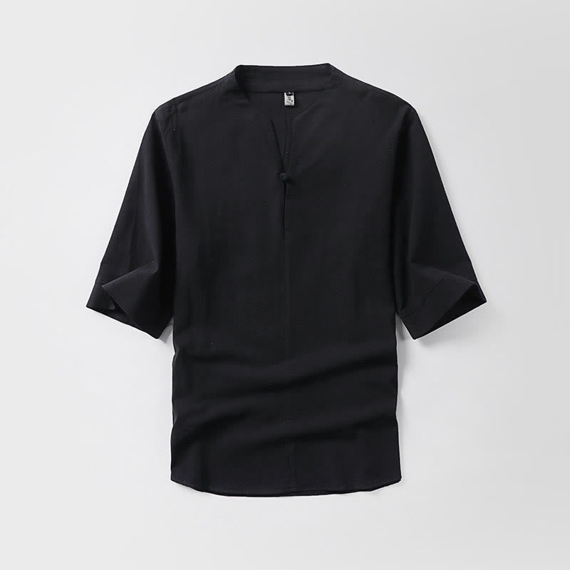 Buddha Stones Casual Plain Color One Button Three Quarter Sleeve Cotton Linen Men's Shirt - Black - US/UK/AU54，EU64 (9XL) - image 2