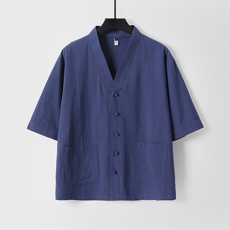 Buddha Stones Casual Plain Color Three Quarter Sleeve Front Button Cotton Linen Men's Shirt With Pockets - DarkBlue - US/UK/AU54，EU64 (9XL) - image 12
