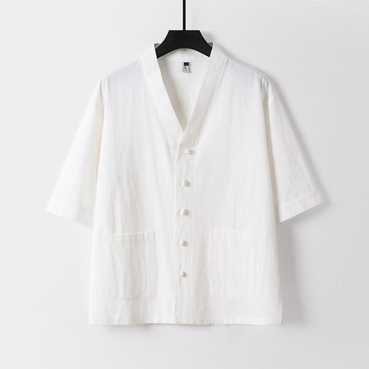 Buddha Stones Casual Plain Color Three Quarter Sleeve Front Button Cotton Linen Men's Shirt With Pockets - White - US/UK/AU54，EU64 (9XL) - image 9