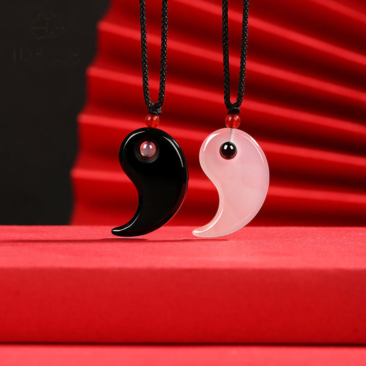 Buddha Stones Black Onyx White Agate Yin Yang Tai Chi Diagram Fortune Couple Necklace Pendant - image 4