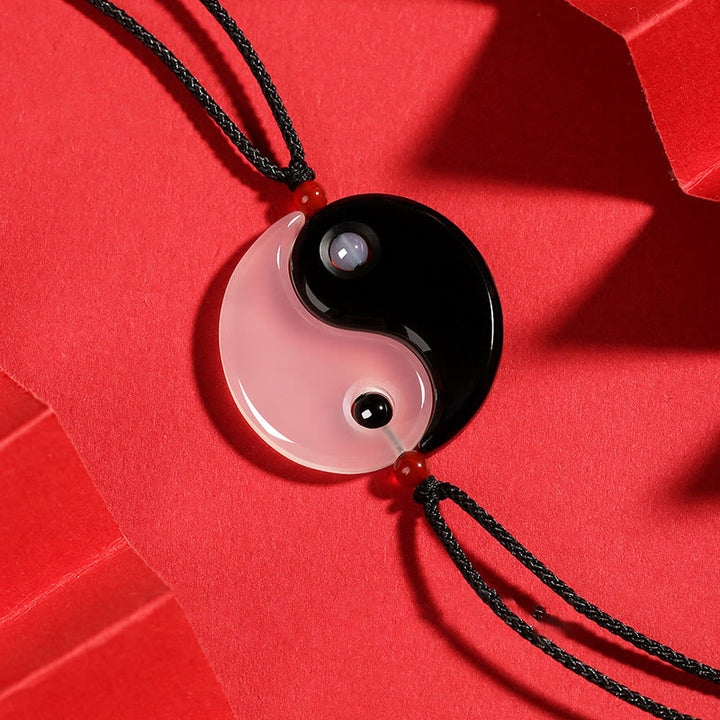 Buddha Stones Black Onyx White Agate Yin Yang Tai Chi Diagram Fortune Couple Necklace Pendant - Black Onyx White Agate YIN YANG - image 1
