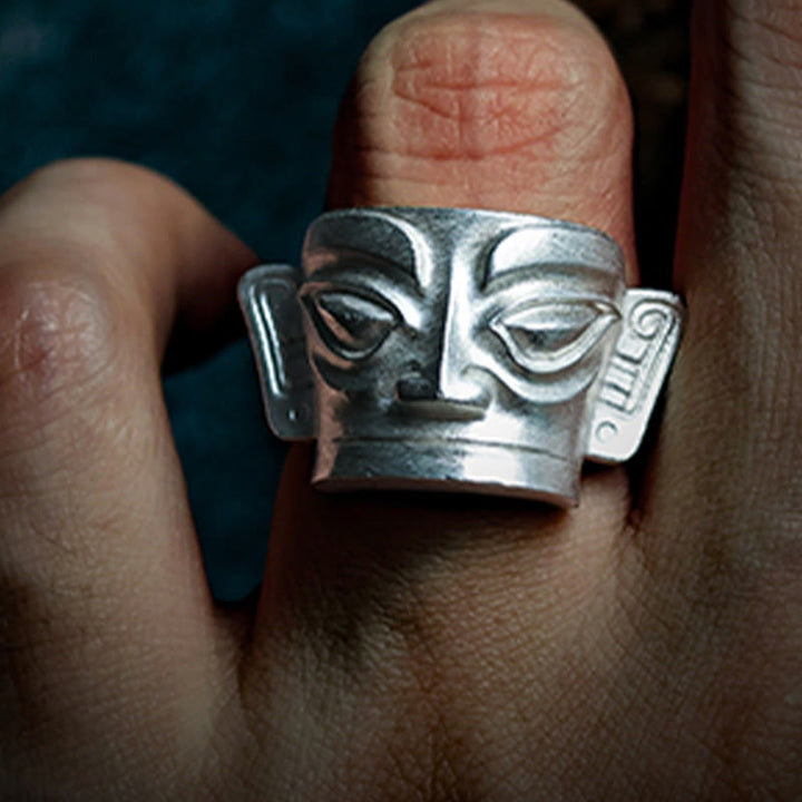 Buddha Stones 999 Sterling Silver Hand Casting Sanxingdui Mask Protection Ring - image 11