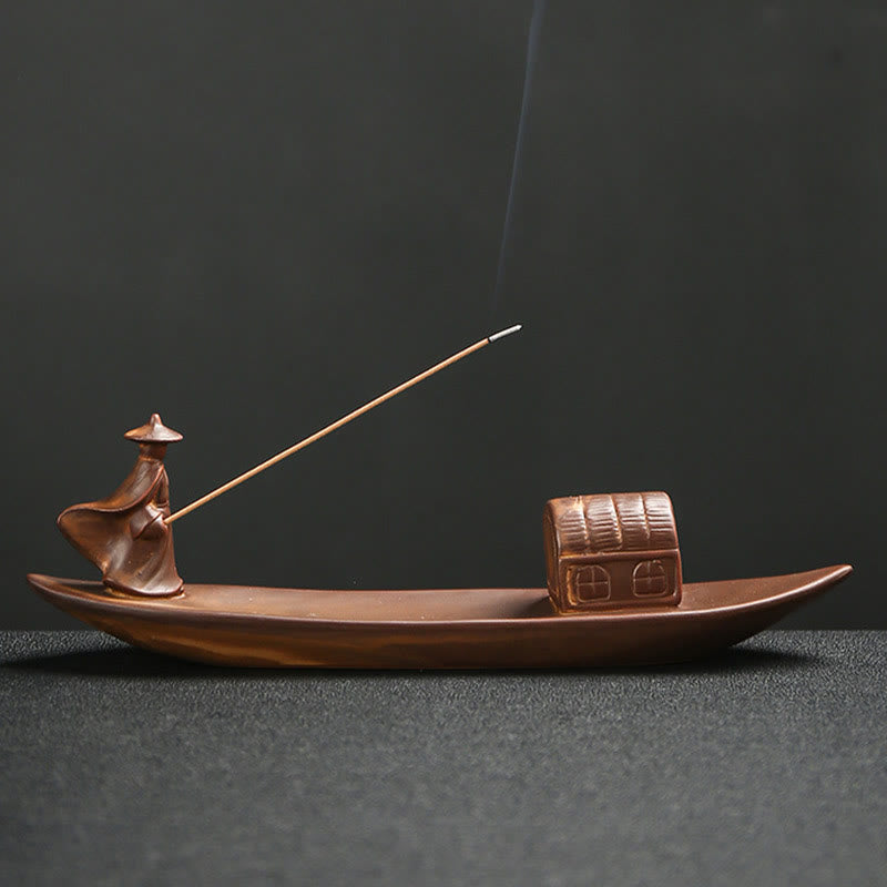 Buddha Stones Fisherman Fishing Boat Bamboo Buddha Hand Lotus Spiritual Healing Ceramic Stick Incense Burner Decoration