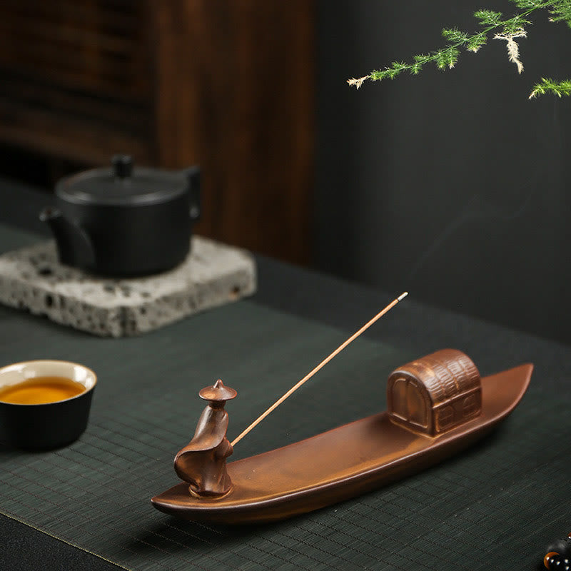 Buddha Stones Fisherman Fishing Boat Bamboo Buddha Hand Lotus Spiritual Healing Ceramic Stick Incense Burner Decoration