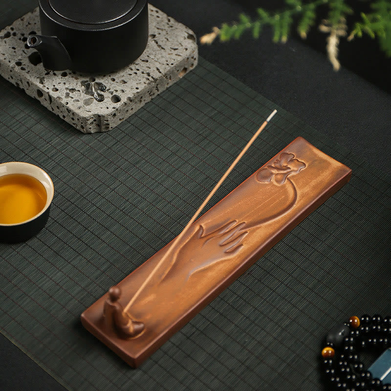 Buddha Stones Fisherman Fishing Boat Bamboo Buddha Hand Lotus Spiritual Healing Ceramic Stick Incense Burner Decoration