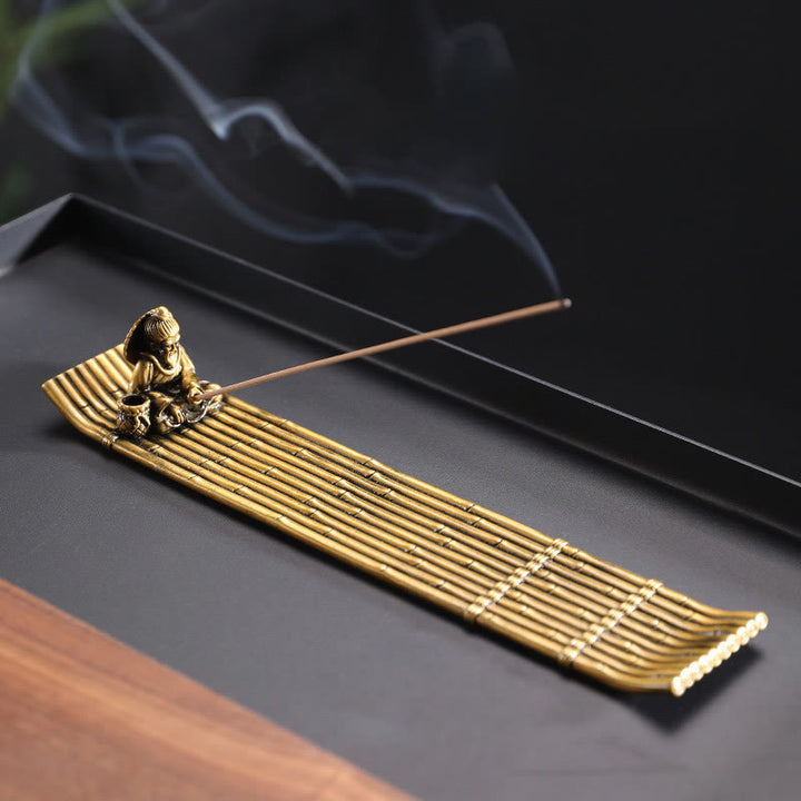 Buddha Stones Fisherman Bamboo Fishing Boat Alloy Incense Stick Holder Healing Incense Burner Decoration