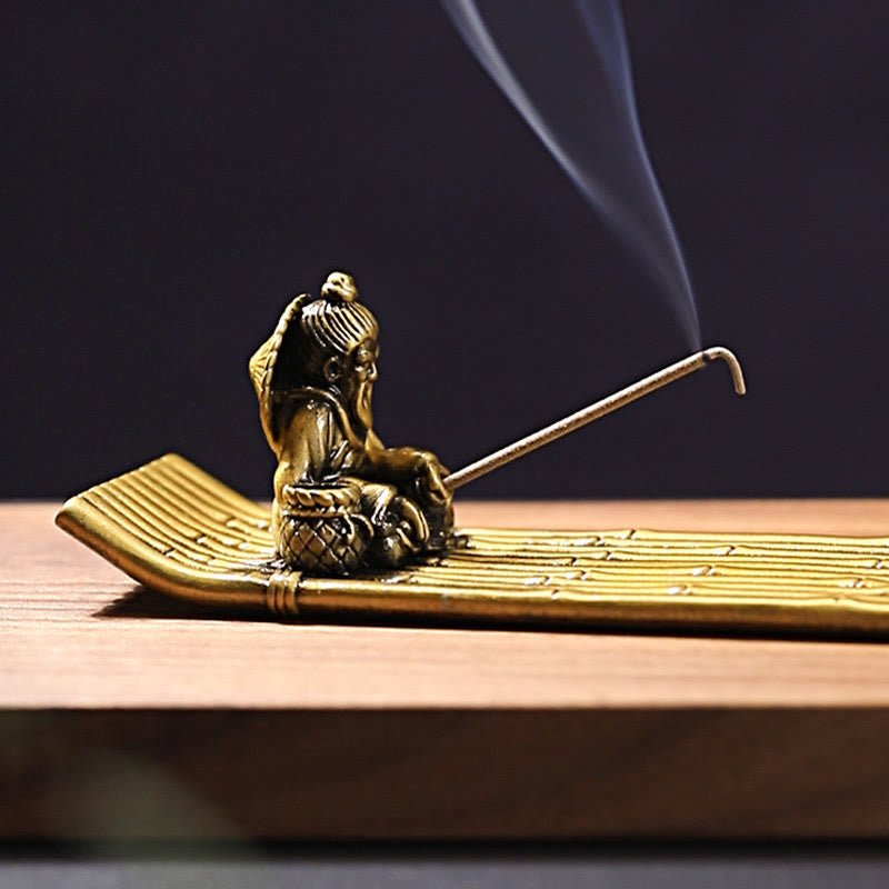 Buddha Stones Fisherman Bamboo Fishing Boat Alloy Incense Stick Holder Healing Incense Burner Decoration