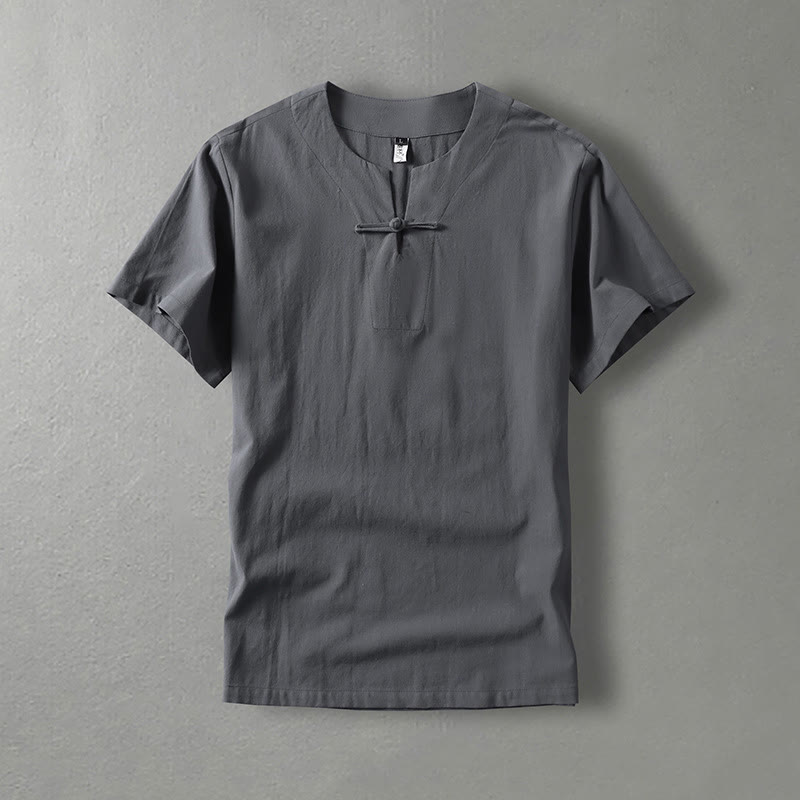 Buddha Stones Casual Plain Color Short Sleeve One Frog Button Cotton Linen Men's Shirt - Gray - US/UK/AU54，EU64 (9XL) - image 0