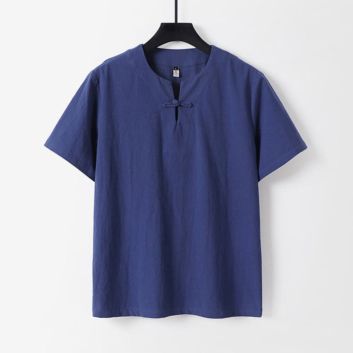 Buddha Stones Solid Color Short Sleeve One Frog Button Cotton Linen Men's Shirt - DarkBlue - US/UK/AU54，EU64 (9XL) - image 3