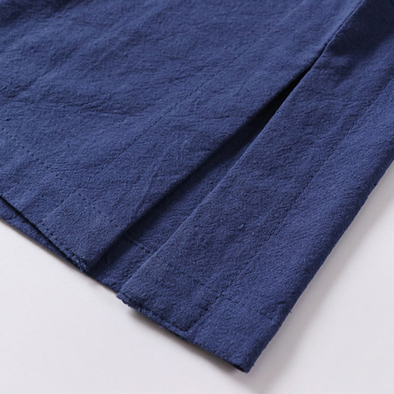 Buddha Stones Solid Color Short Sleeve One Frog Button Cotton Linen Men's Shirt - image 11