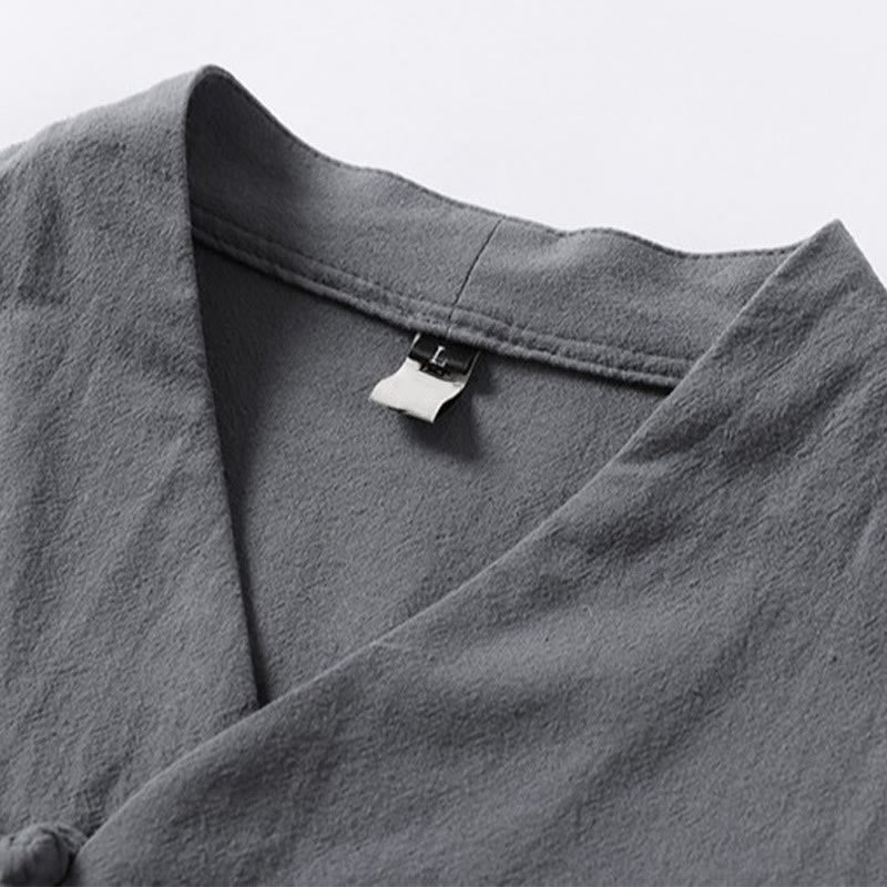 Buddha Stones Casual Plain Color Two Buttons V-neck Three Quarter Sleeve Cotton Men's Shirt - image 6