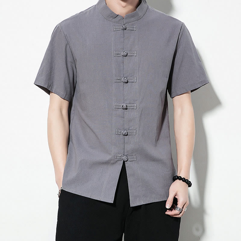 Buddha Stones Casual Solid Color Front Frog Buttons Chinese Tang Suit Short Sleeve Linen Men's Shirt