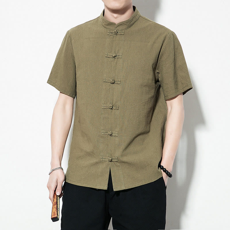 Buddha Stones Casual Solid Color Front Frog Buttons Chinese Tang Suit Short Sleeve Linen Men's Shirt