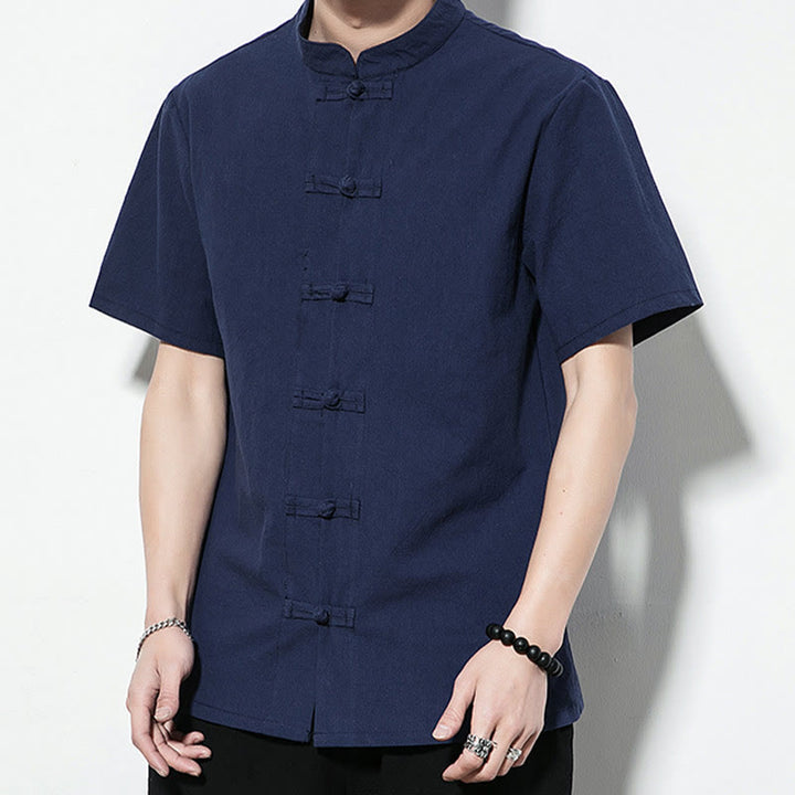 Buddha Stones Casual Solid Color Front Frog Buttons Chinese Tang Suit Short Sleeve Linen Men's Shirt - image 3
