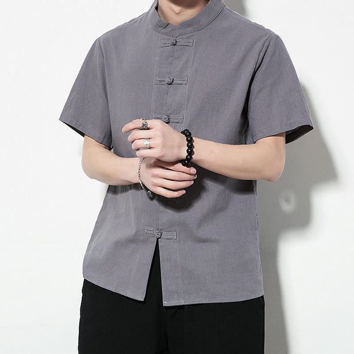 Buddha Stones Casual Solid Color Front Frog Buttons Chinese Tang Suit Short Sleeve Linen Men's Shirt