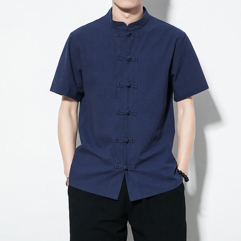 Buddha Stones Casual Solid Color Front Frog Buttons Chinese Tang Suit Short Sleeve Linen Men's Shirt - DarkBlue - US/UK/AU46，EU56 (5XL) - image 0