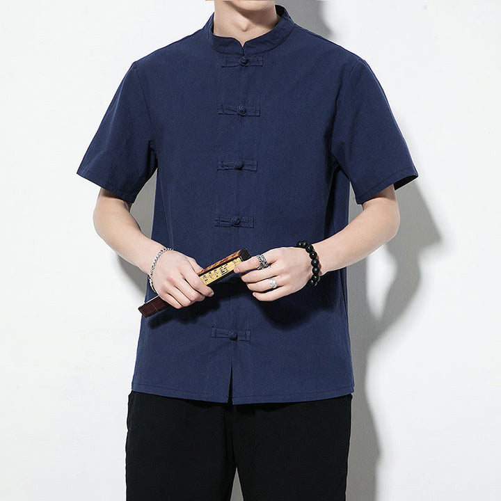Buddha Stones Casual Solid Color Front Frog Buttons Chinese Tang Suit Short Sleeve Linen Men's Shirt - image 6