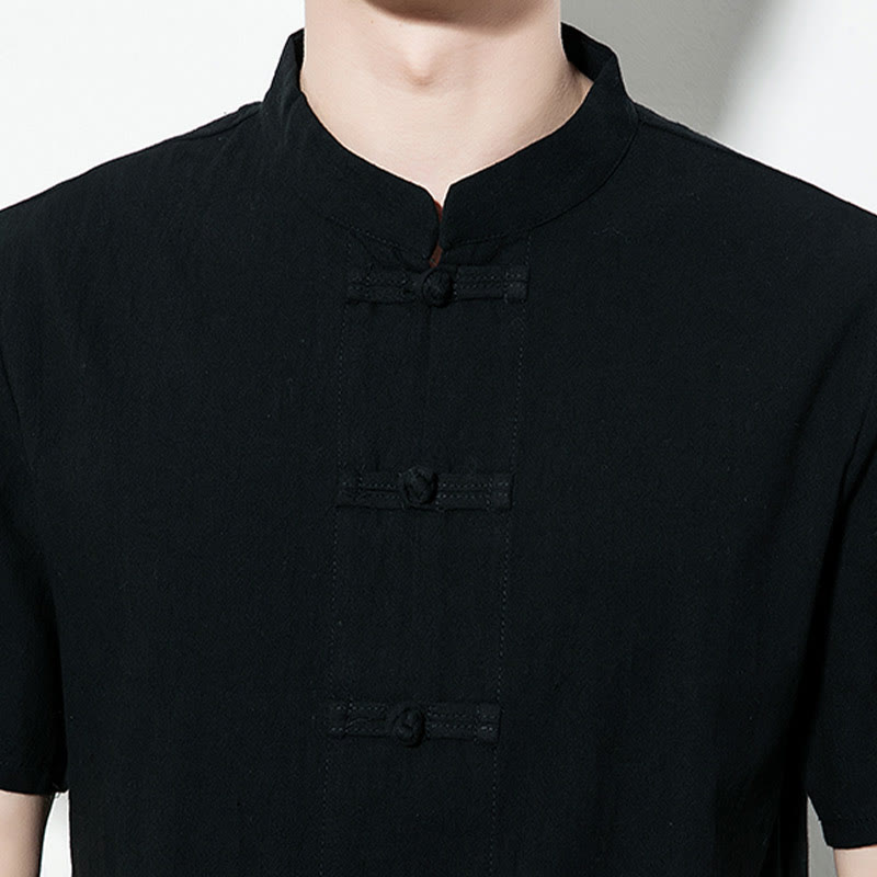 Buddha Stones Casual Solid Color Front Frog Buttons Chinese Tang Suit Short Sleeve Linen Men's Shirt - image 19