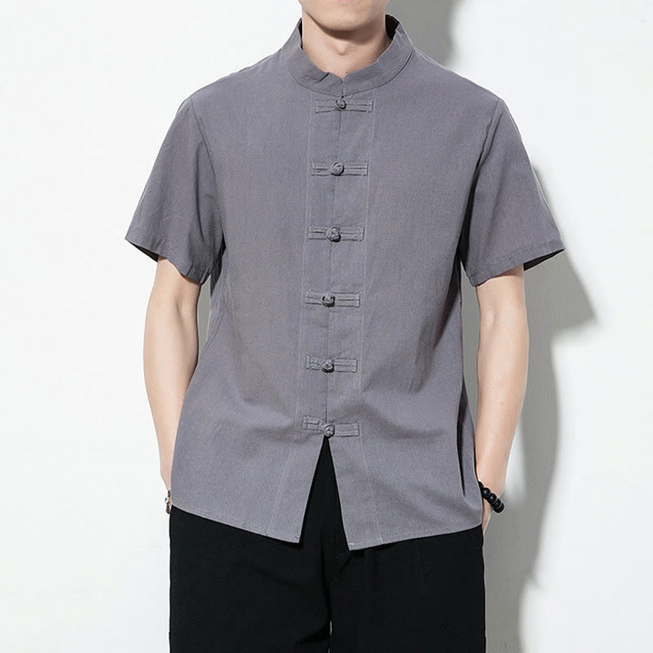 Buddha Stones Casual Solid Color Front Frog Buttons Chinese Tang Suit Short Sleeve Linen Men's Shirt