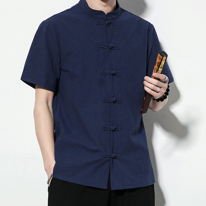 Buddha Stones Casual Solid Color Front Frog Buttons Chinese Tang Suit Short Sleeve Linen Men's Shirt - image 8