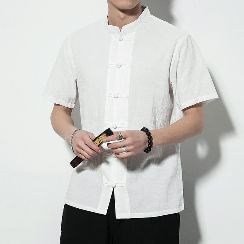 Buddha Stones Casual Solid Color Front Frog Buttons Chinese Tang Suit Short Sleeve Linen Men's Shirt - image 14