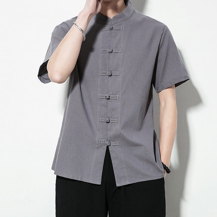 Buddha Stones Casual Solid Color Front Frog Buttons Chinese Tang Suit Short Sleeve Linen Men's Shirt - image 24