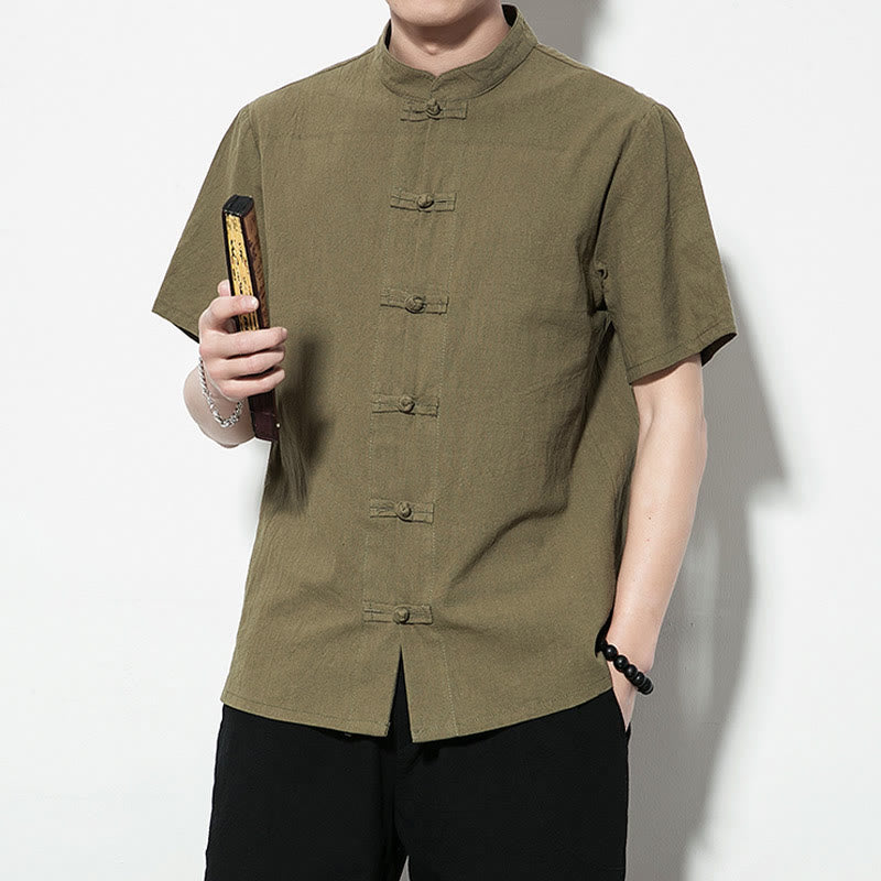 Buddha Stones Casual Solid Color Front Frog Buttons Chinese Tang Suit Short Sleeve Linen Men's Shirt