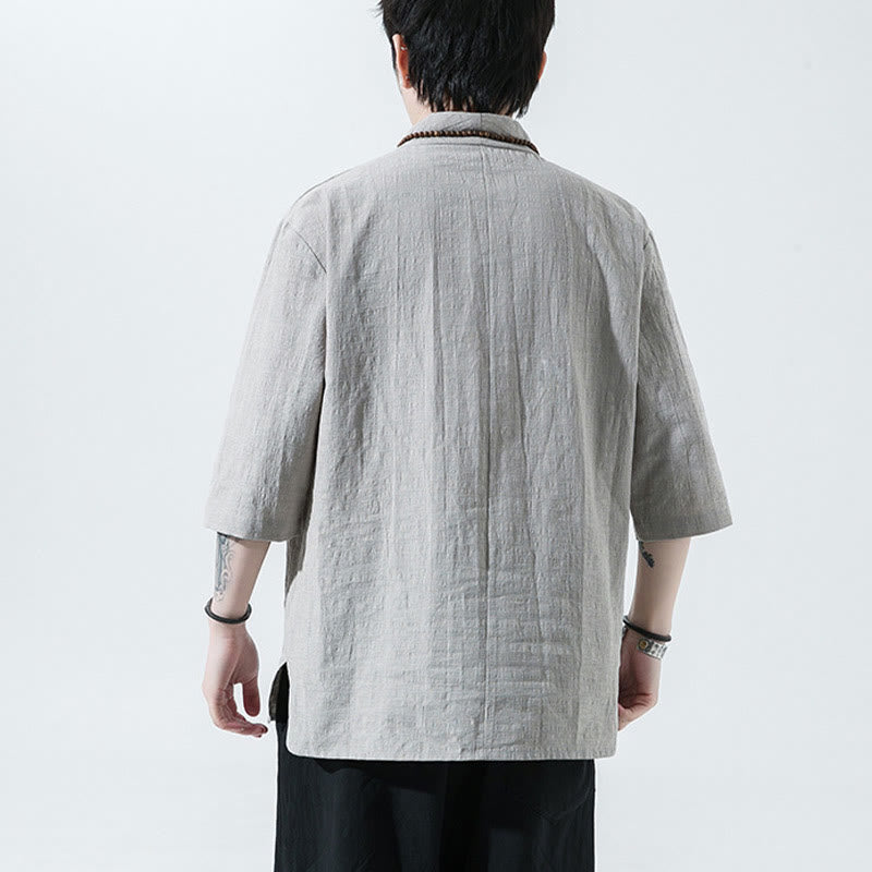 Buddha Stones Casual Solid Color Two Buttons V-neck Three Quarter Sleeve Cotton Linen Men's Shirt - image 4