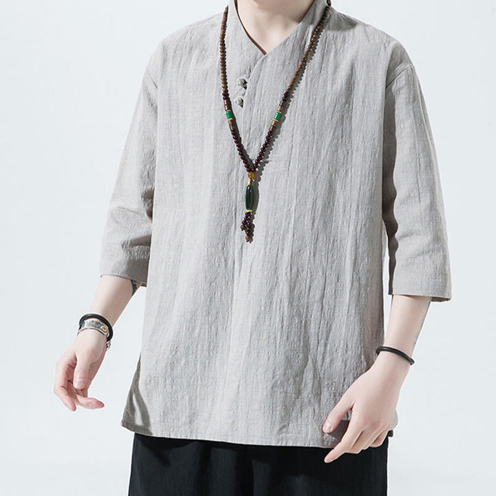 Buddha Stones Casual Solid Color Two Buttons V-neck Three Quarter Sleeve Cotton Linen Men's Shirt - image 1