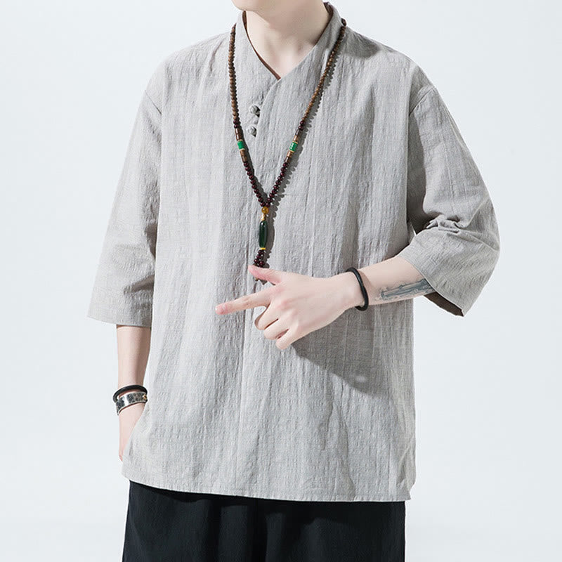 Buddha Stones Casual Solid Color Two Buttons V-neck Three Quarter Sleeve Cotton Linen Men's Shirt