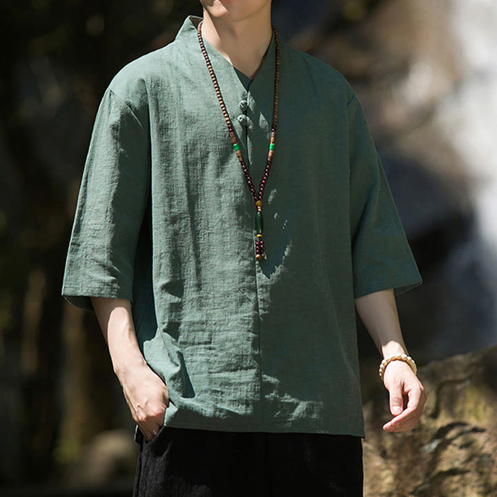 Buddha Stones Casual Solid Color Two Buttons V-neck Three Quarter Sleeve Cotton Linen Men's Shirt - image 15