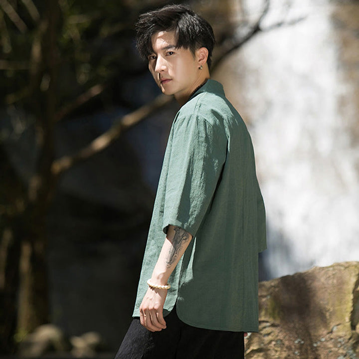 Buddha Stones Casual Solid Color Two Buttons V-neck Three Quarter Sleeve Cotton Linen Men's Shirt - image 18